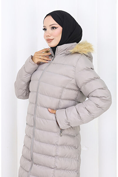 sefamerve Kapüşonlu Fermuarlı Şişme Mont 0168-01 Taş