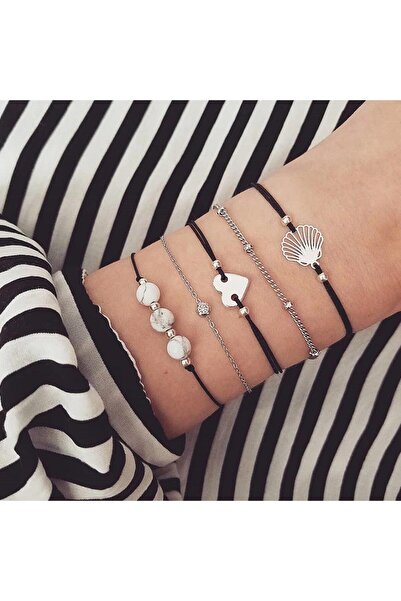 Pursehuit Set de 5 brățări, culoare argintie, cu șnur negru, Lucien C6