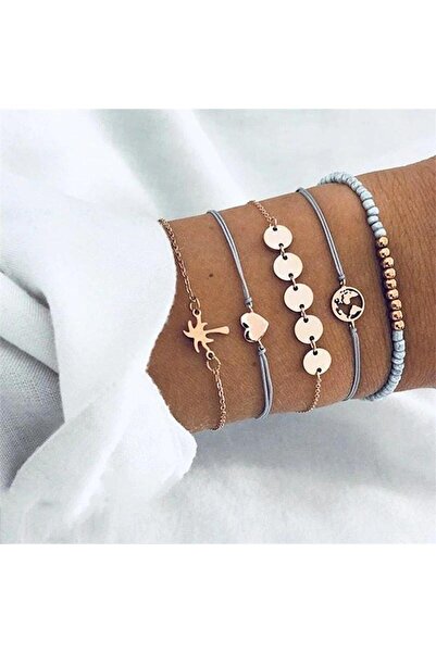 Pursehuit Set de 5 brățări aurii, cu mărgele și monede albastre, Tristana C1