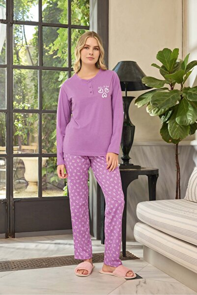 Aydoğan Women's Lilac Pajama Set Atlas Patched Long Sleeve B8-4 - 240613 - Aydogan ®