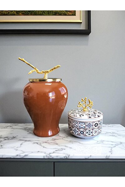 ferayhome Dekoratif Obje Kahverengi Şah Küp Ceramik Desenli Obje Gold - Feray Home