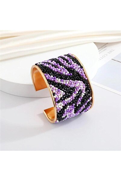 Pursehuit Brățară culoare aurie, reglabilă, cu mărgele mov și negre, Marsa C1