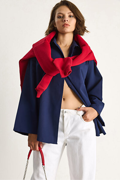 Bianco Lucci Women's Wide Sleeve Single Pocket Detailed Oversize Basic Poplin Shirt 2144 60284103