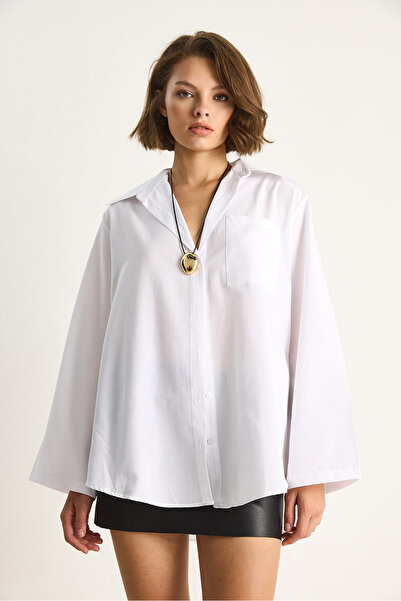 Bianco Lucci Kadın Geniş Kollu Tek Cep Detaylı Oversize Basic Poplin Gömlek 2144 60284103
