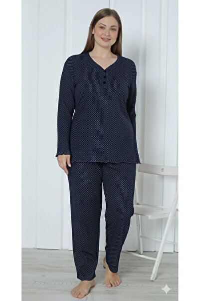 PİJAMUS Kadın Lacivert - Puantiyeli Pamuklu Dantel Yaka Pijama Takımı