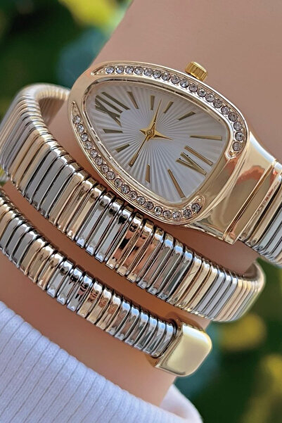 polo55.sport.1855 Emerald Serpent Kadın Kol Saati – Taşlı Çelik Yılan Kordon Gold-Gümüş Kadran