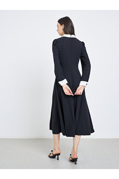 Take Two By Styli Contrast Collar Balloon Sleeve A-Line Maxi Dress