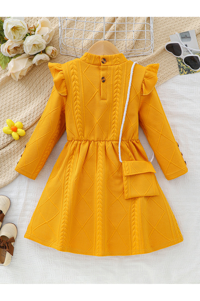 Take Two By Styli Mustard Textured Bow Decor Dress and Sling Bag Set