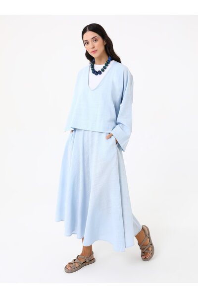 MRS. POLEEN Wide Sleeve Skirt Blouse Set - Baby Blue - Mrs Poleen