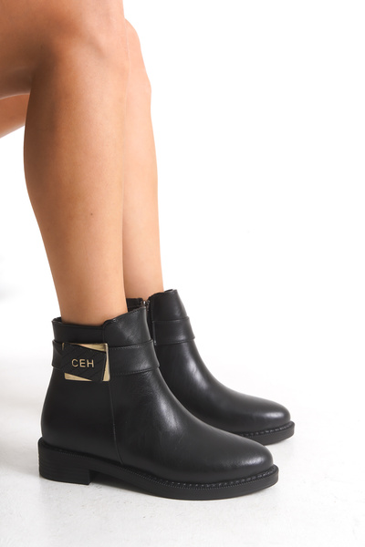 Limeo Low Heel Zippered Side Ceh Written Buckle Detailed Short Women's Black Boots Bootie