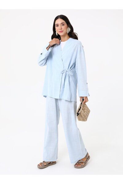 MRS. POLEEN Side-Tie Double-Breasted Jacket Suit - Baby Blue - Mrs Poleen