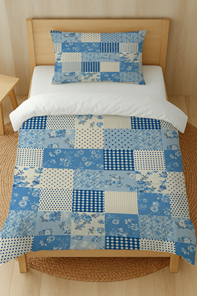 Else Dekor Синьо-бял комплект спално бельо от памучен сатен 160x220cm