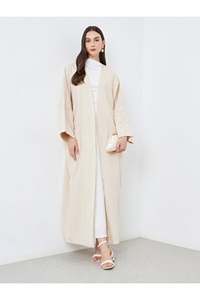 Take Two By Styli Cream Open Front Embroidered Sleeve Abaya