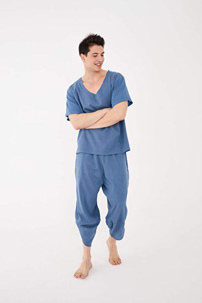 RELAXL Σετ 2 τεμαχίων 100% βαμβακερό μπλουζάκι με γιακά και φαρδύ παντελόνι σε μπλε ινδικό χρώμα