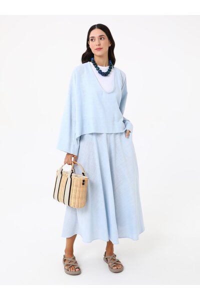 MRS. POLEEN Wide Sleeve Skirt Blouse Set - Baby Blue - Mrs Poleen