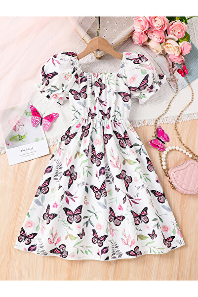 Take Two By Styli Girls Butterfly Print Puff Sleeve A-line Dress