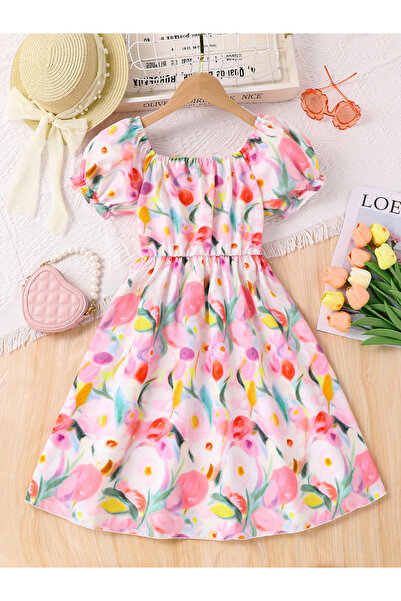 Take Two By Styli Girls Floral Square Neck Casual Dress