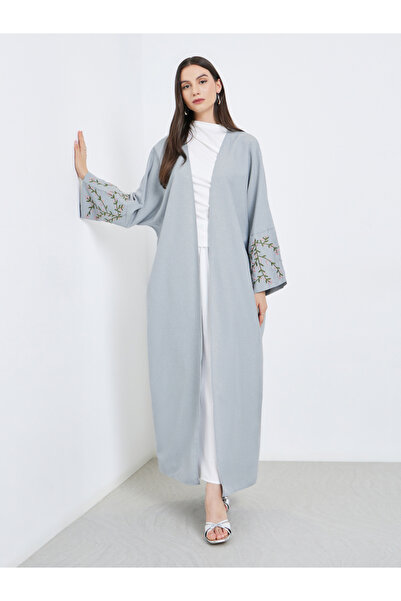Take Two By Styli Grey Open Front Embroidered Sleeve Abaya
