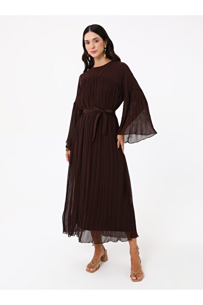 MRS. POLEEN Pleated Chiffon Hijab Dress - Brown - Mrs Poleen