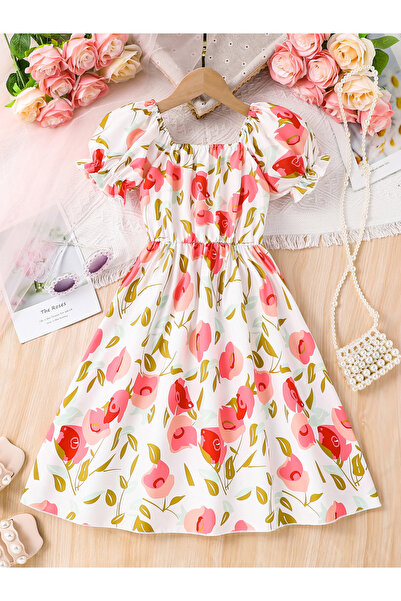 Take Two By Styli Girls Rose Print Puff Sleeve Dress