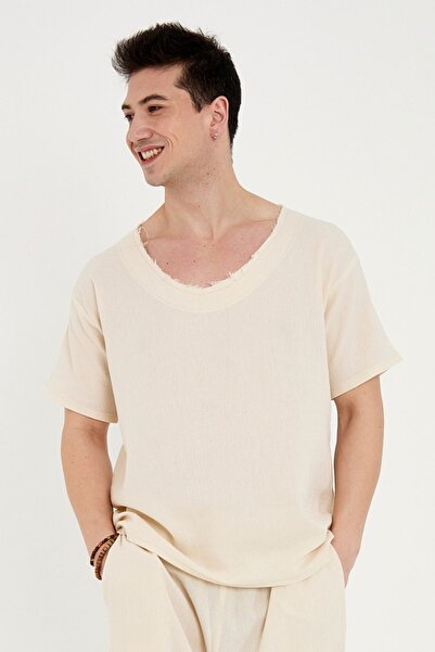 RELAXL Σετ 2 τεμαχίων 100% βαμβακερό μπλουζάκι κρεμ και φαρδύ παντελόνι μεγάλου μεγέθους