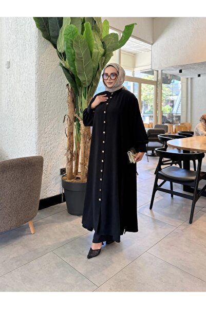 Güler Casual Siyah Renk Düğmeli Ayrobin Kumaş İkili Takım