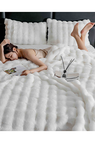 JOJO HOME Double bed linen, Extra Fluffy, made of artificial rabbit fur, 6 pieces, White