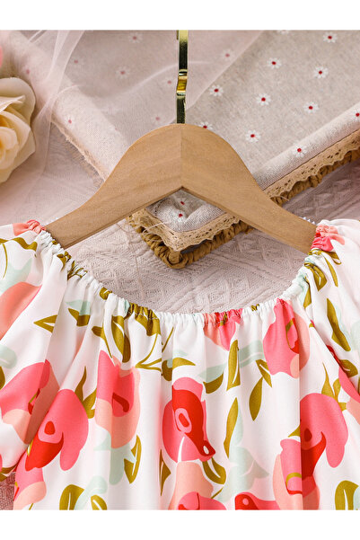 Take Two By Styli Girls Rose Print Puff Sleeve Dress