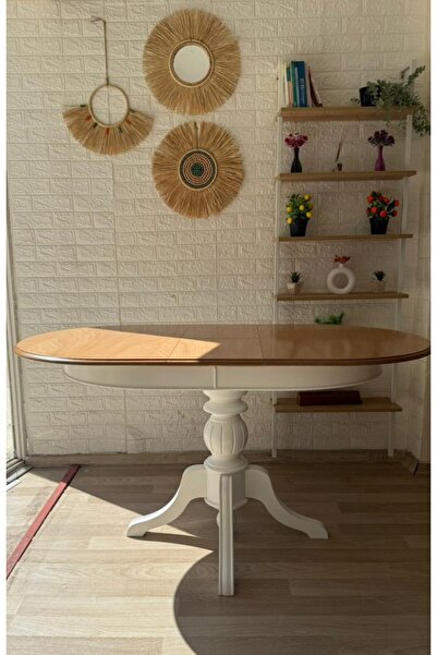 silla Concept Baba Ayaklı Masa Naturel Ahşap Oval Üst Tablalı Beyaz Ayaklı Açılır Masa(BOY 80 CM/EN 120CM)
