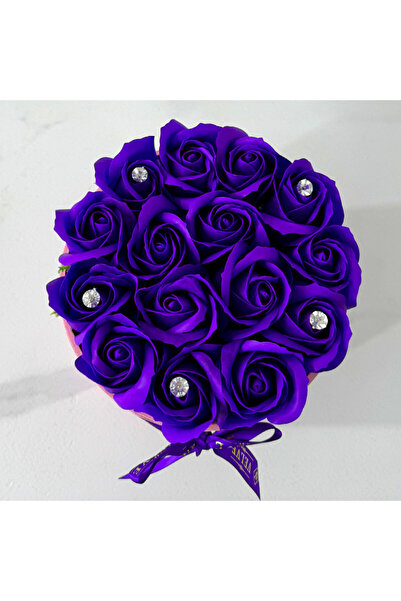 velve Aranjament floral Crystal Beauty cu 15 trandafiri de sapun, cristale artizanale,Albastru indigo