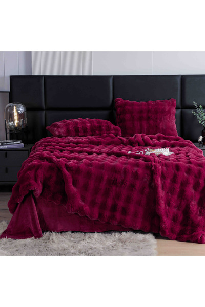 JOJO HOME Double bed linen, Extra Fluffy, made of artificial rabbit fur, 6 pieces, Bordeaux