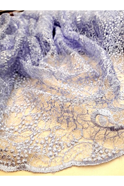 Safir Kumaş Işıl ışıl Pul iŞlemeli Lila Renk Yumuşacık Dantel 3 Metre