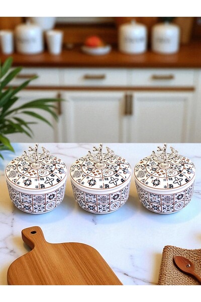 ferayhome Kitchen Accessory 3-Piece Breakfast Storage Container Spice Rack Sugar Bowl Ceramic Pattern Silver