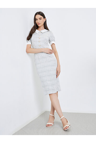 Take Two By Styli Checked Puff Sleeve Bodycon Midi Dress