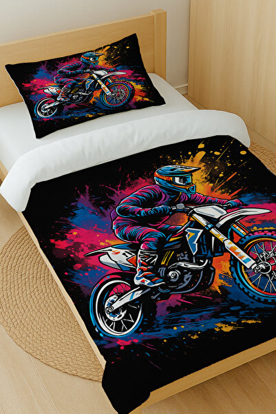 Else Dekor Πολύχρωμο Σετ Παπλωματοθήκης Μονό Κρεβάτι με Μοτοσικλετιστικό Σχέδιο από Βαμβακερό Σατέν 160x220cm