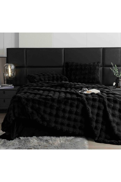 JOJO HOME Double bed linen, Extra Fluffy, made of artificial rabbit fur, 6 pieces, Black