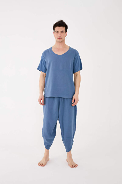 RELAXL Set of 2 100% Cotton Dirty Collar T-Shirt and Baggy Pants Indigo Blue