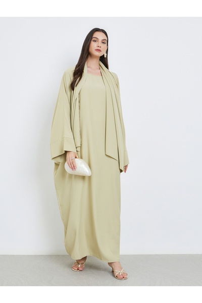 Take Two By Styli Solid Batwing Sleeve Abaya with Hijab Set