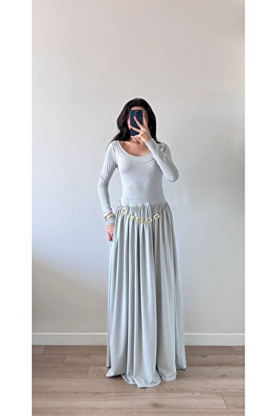 LOCH BUTİK Women's Gray Waist Gathered Back Bow Tie Maxi Dress