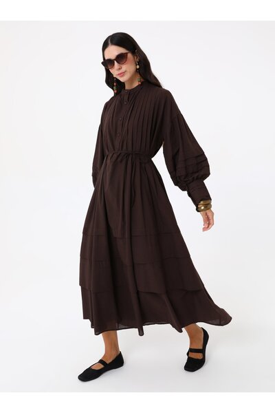MRS. POLEEN Balloon Sleeve Tiered Hijab Dress - Brown - Mrs Poleen