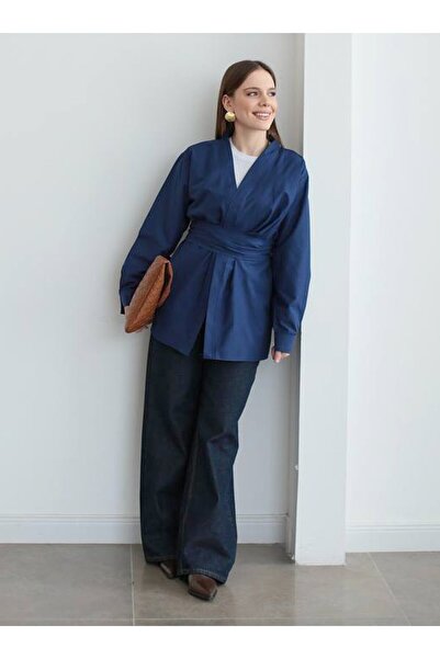 MRS. POLEEN Belted Double Breasted Tunic - Navy Blue - Mrs Poleen