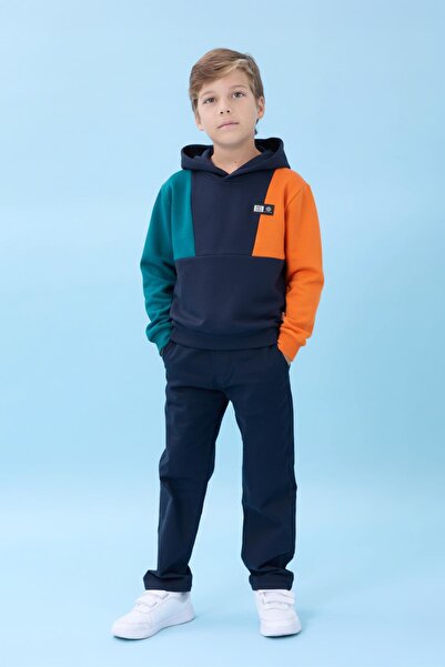 Perendi Kapüşonlu Parçalı 3 İp Erkek Çocuk Sweatshirt Lacivert