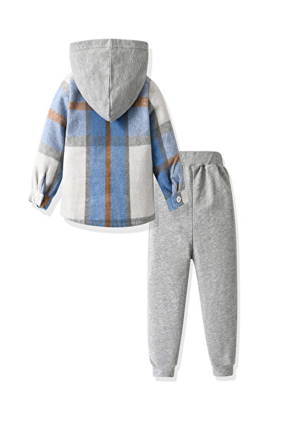 Take Two By Styli Boys Blue Checked Hooded Shirt and Jogger Set