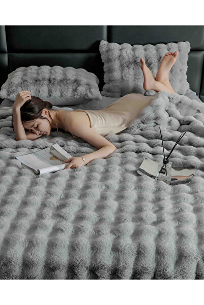 JOJO HOME Double bed linen, Extra Fluffy, made of artificial rabbit fur, 6 pieces, Grey