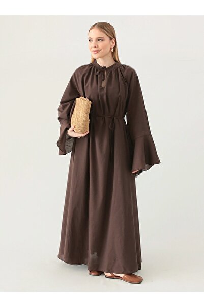 MRS. POLEEN Spanish Sleeve Neckline and Waist Tie Hijab Dress - Brown - Mrs Poleen