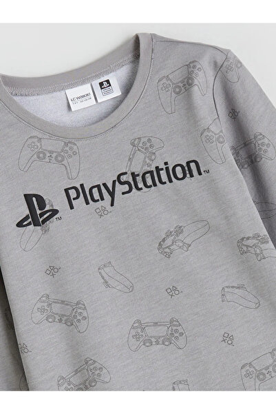 LC Waikiki Set de pijamale pentru băieți cu imprimeu Playstation cu gâtul rotund LCW KidsGrey