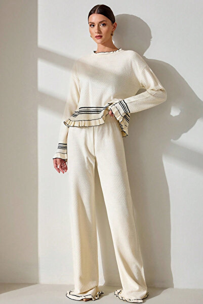 H&E LUXURY DESIGN Women's “Cream Ruffle and Stripe Detailed Stylish Knitwear Two-Piece Set”