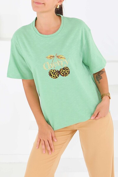 TOFİSA Μπλουζάκι με στάμπα και κοντά μανίκια σε πράσινο χρώμα - 27575