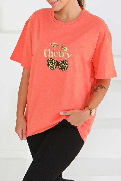 TOFİSA Εμπριμέ κοντομάνικο μπλουζάκι πορτοκαλί - 27575