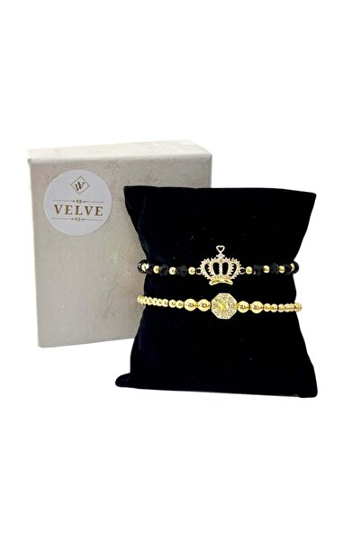 velve Σετ δύο unisex βραχιόλια με λαμπερά στολίδια, με μπάλες από ανοξείδωτο ατσάλι και κρύσταλλα ζιργκόν, σε συσκευασία δώρου, Βραχιόλια